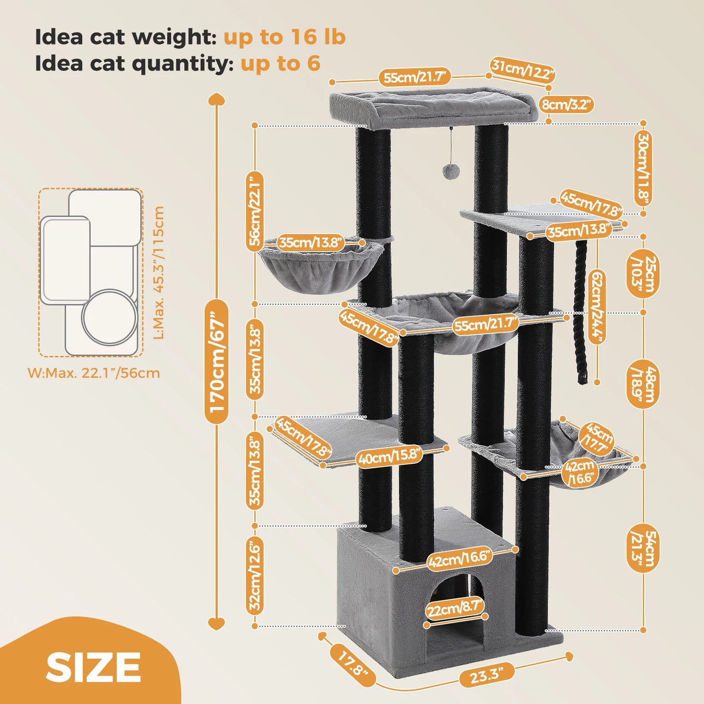 PAWZ Road Premium Large Cat Tree For Big Cats 170cm Tall Multi Level Cat House With Hammock And 11 Sisal Posts