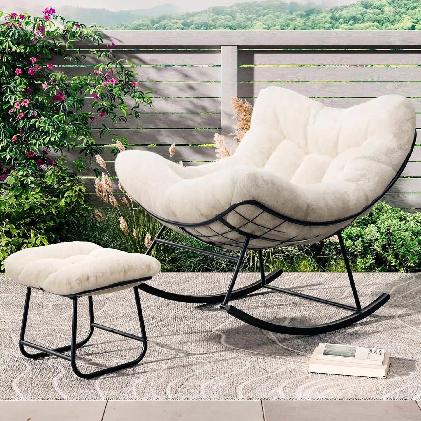 TWISTER.CK Outdoor Papasan Rocking Chair With Footrest 350 Lb Capacity Premium Balcony Patio Lounge For Adults