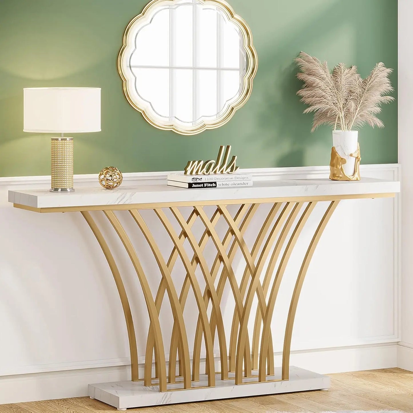 Little Tree Modern Console Table With Grid Metal Base Entryway