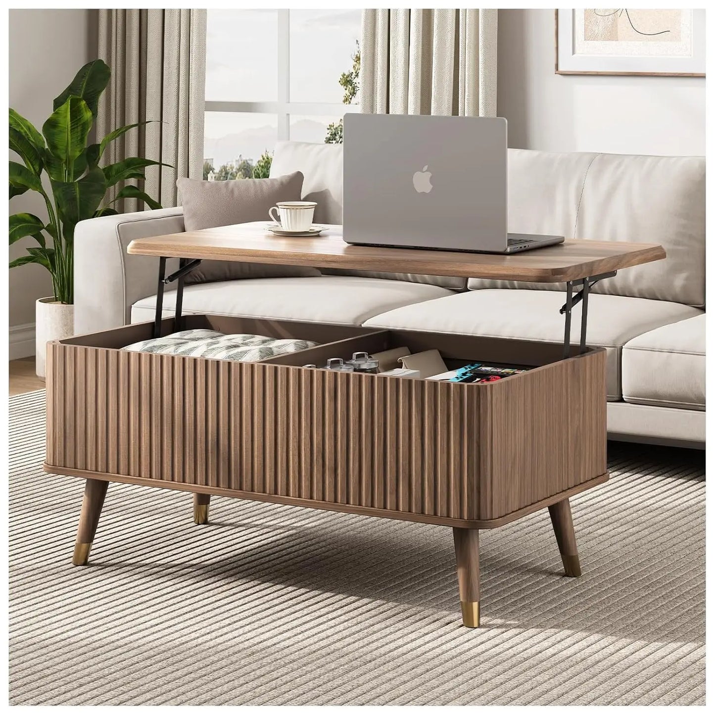 Round Coffee Table With Hidden Slidable Storage Door Modern Walnut