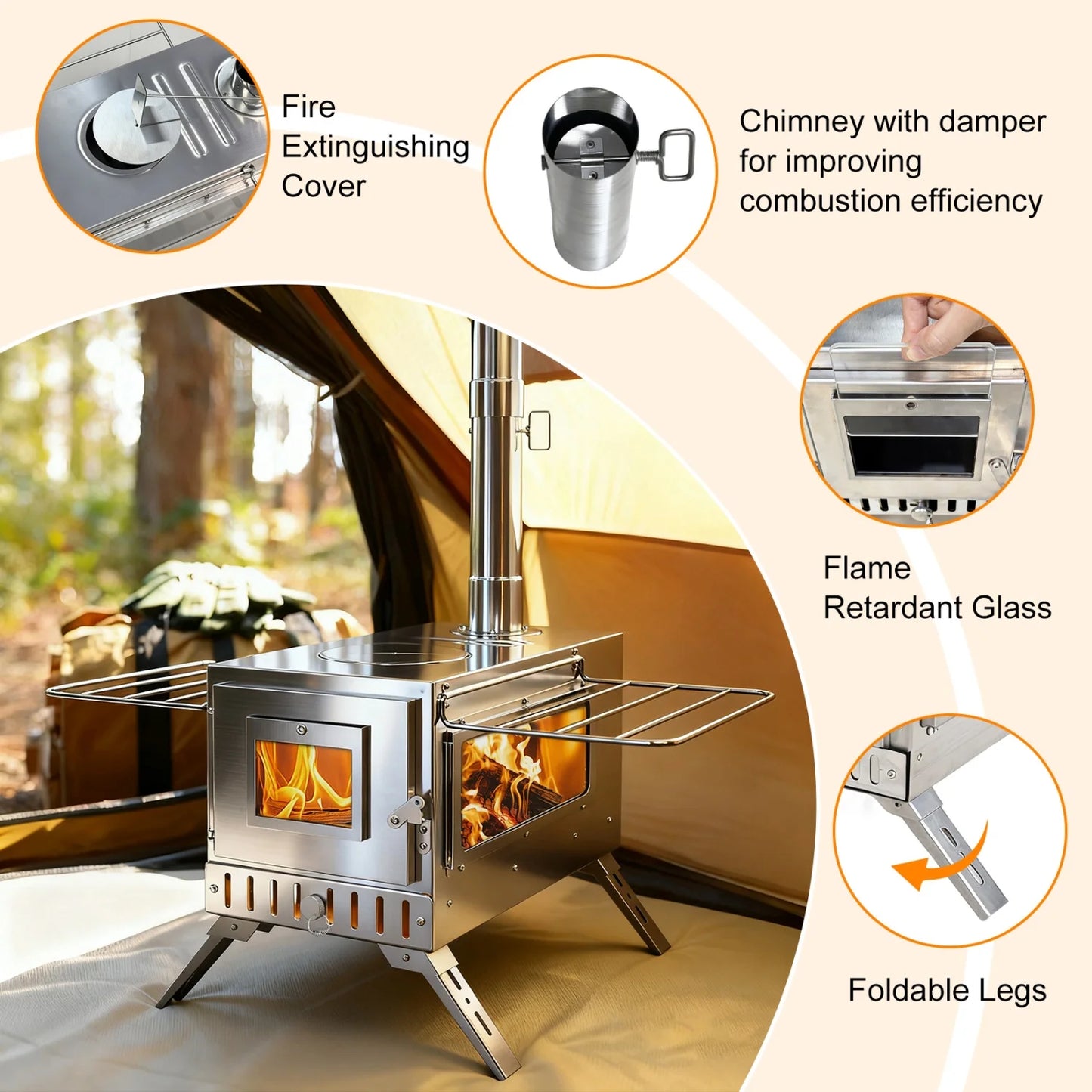 Portable Camping Wood Stove Stainless Steel With 7 Chimney Pipes
