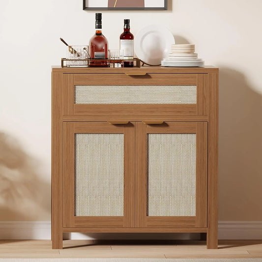 Twister.CK Rattan Sideboard Buffet Cabinet Farmhouse Natural Storage With Drawer And Adjustable Shelf For Living Room