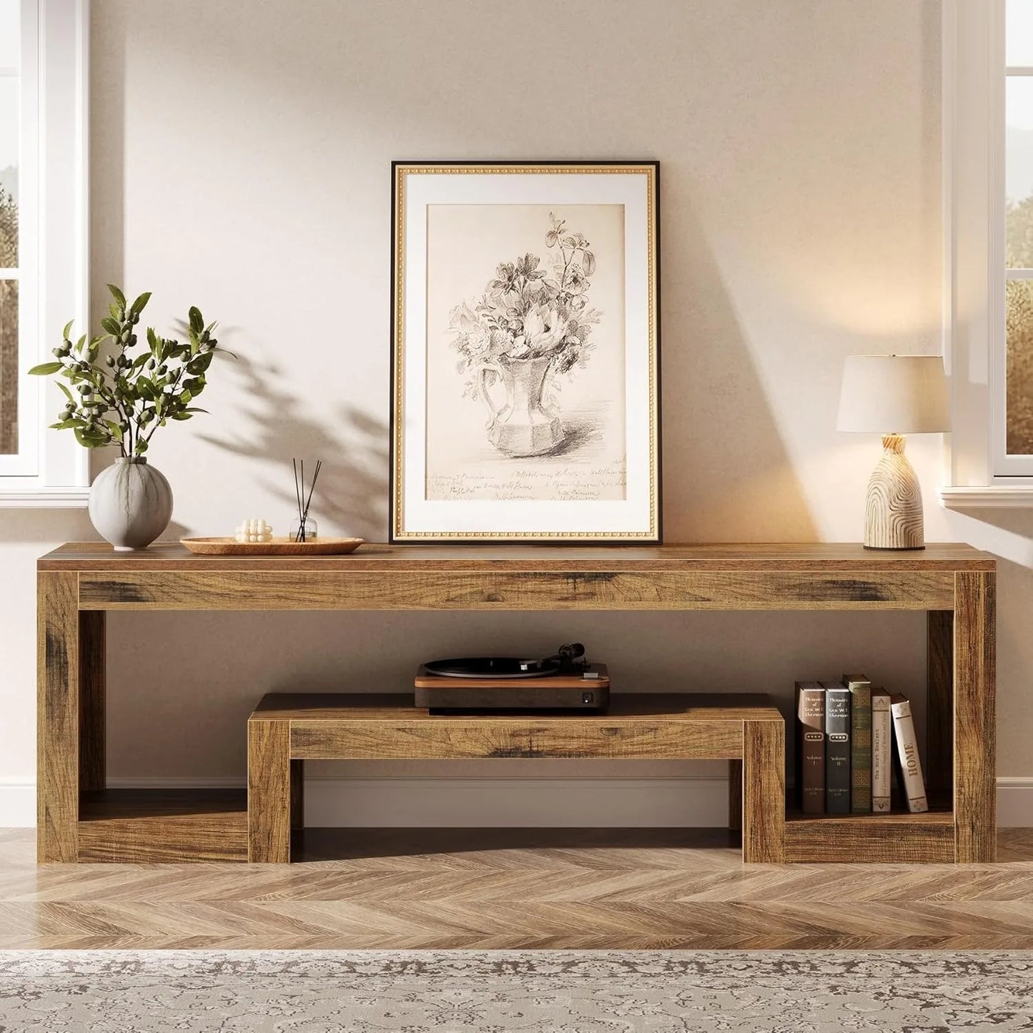 Little Tree Farmhouse TV Stand With Open Storage Shelves