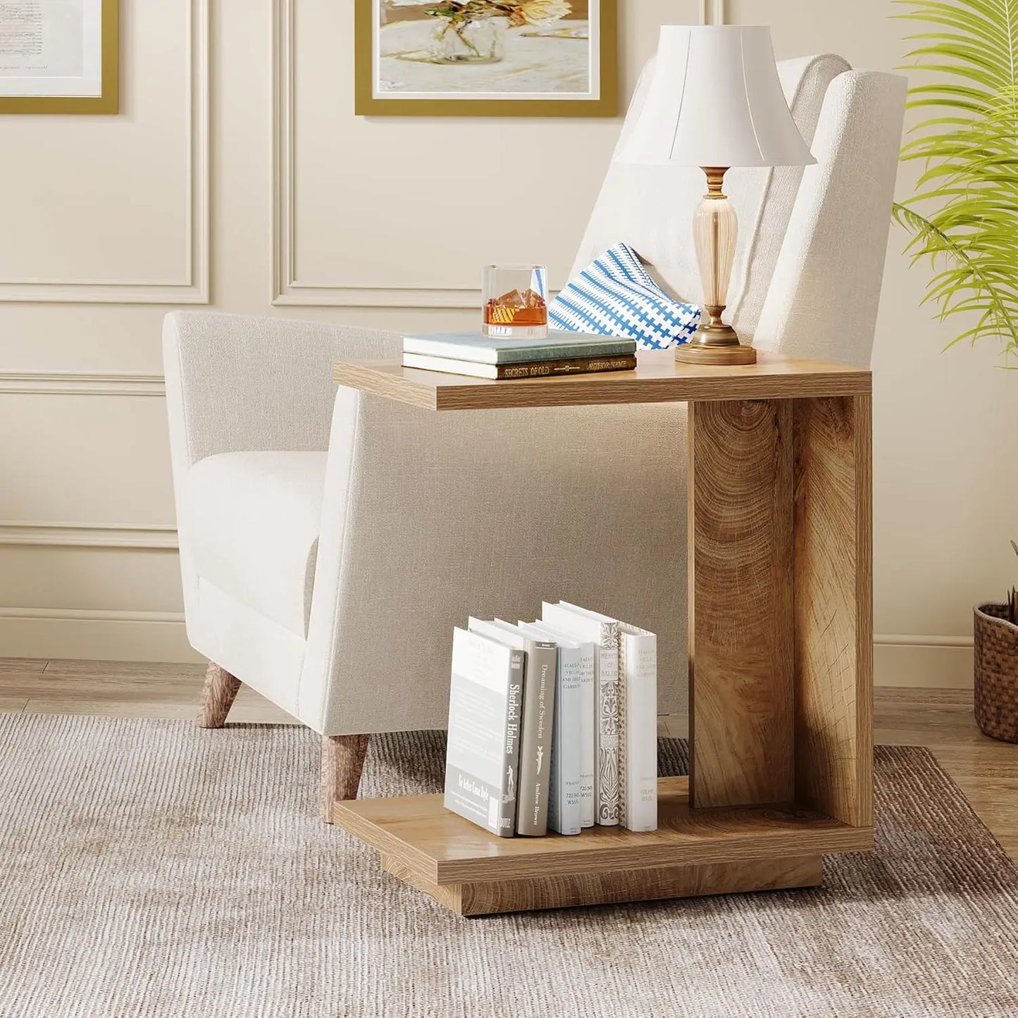 LITTLE TREE C-Shaped Side Table, 2-Tier Pedestal Industrial Sofa End Table