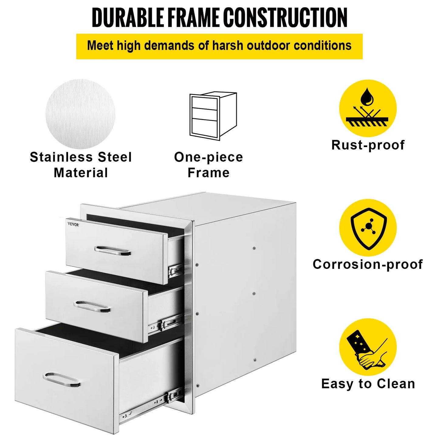 SucceBuy Stainless Steel Outdoor Kitchen Drawer With Handle Triple Layer Storage For BBQ Island