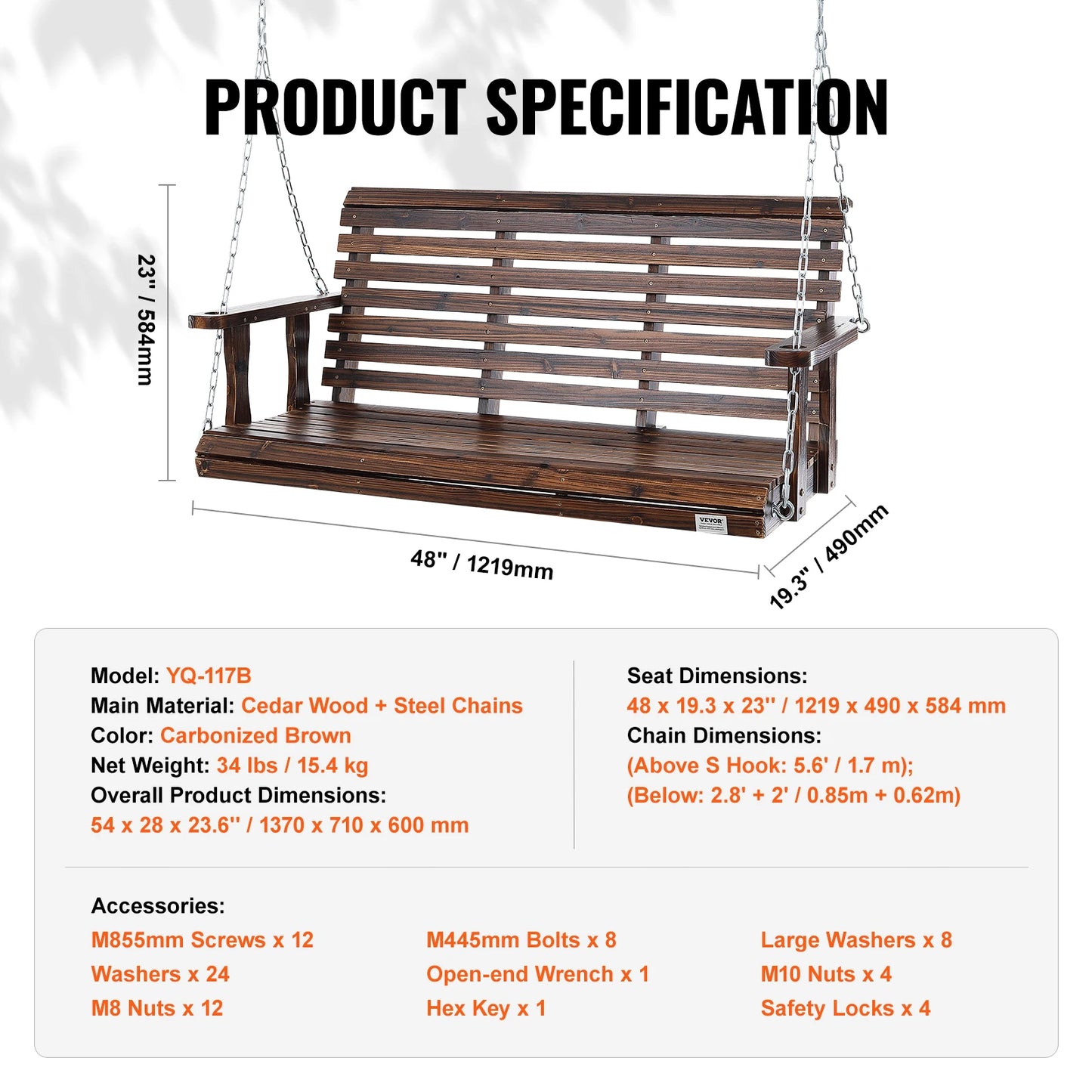 SucceBuy Cedar Wood Porch Swing With Steel Chains For Outdoors