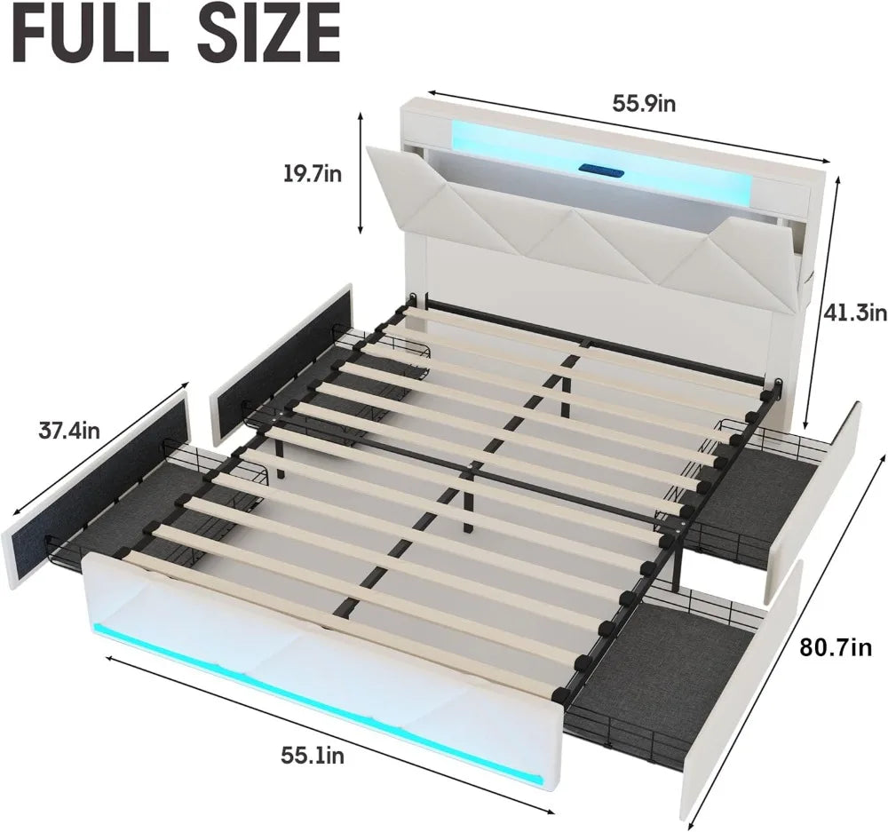Full Bed Frame With Storage Headboard And Four Drawers