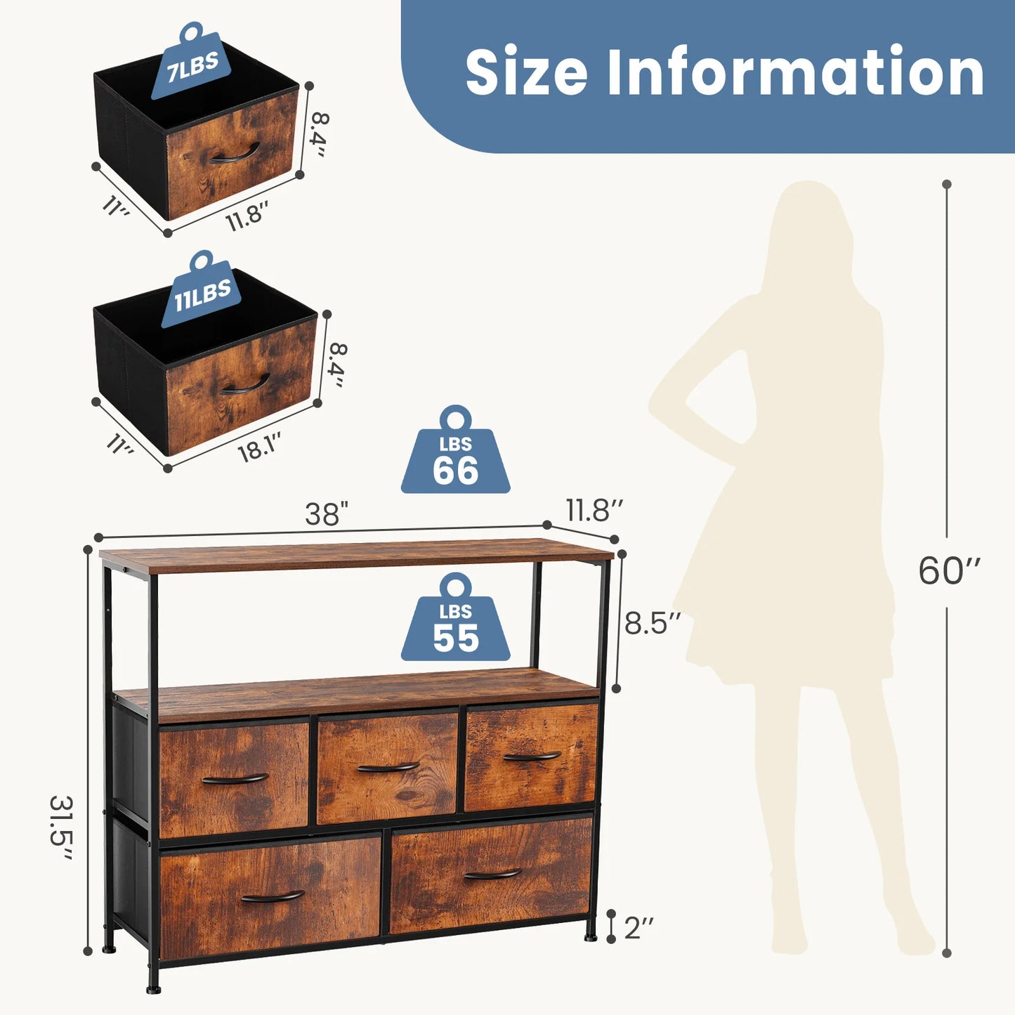 JHK Fireplace TV Stand Dresser With Fabric Drawers For Bedroom