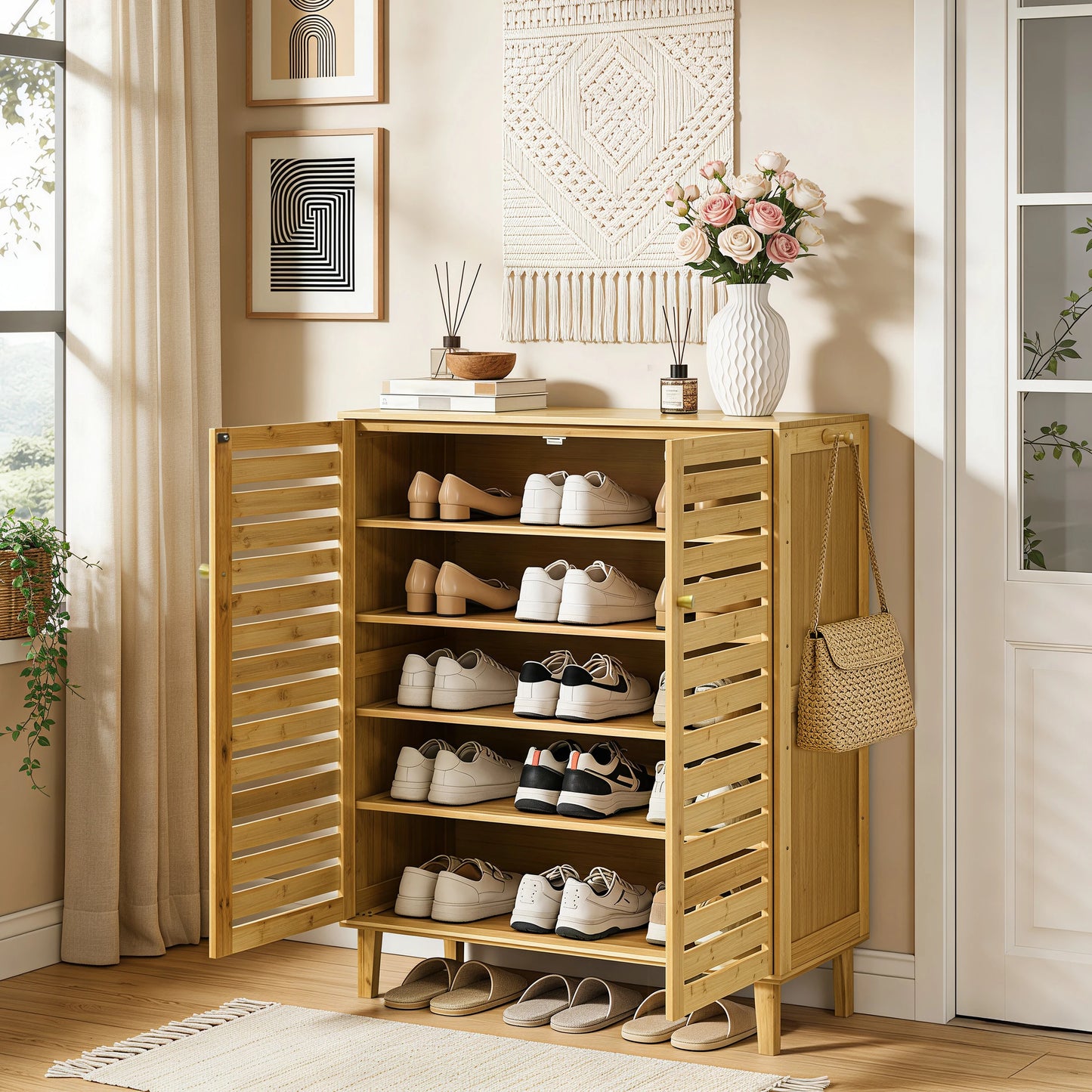 Bamboo Shoe Storage Cabinet Five Tier Organizer For Entryways Hallways