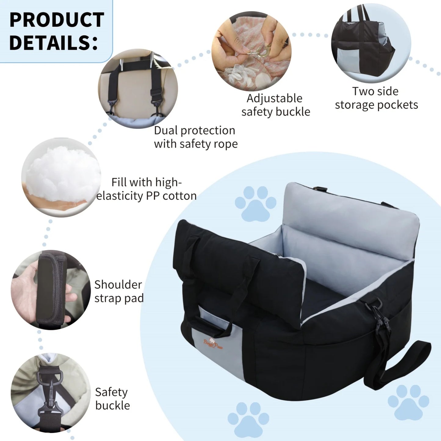 BINGOPAW Dog Car Seat With Safety Belt Washable Travel Bed