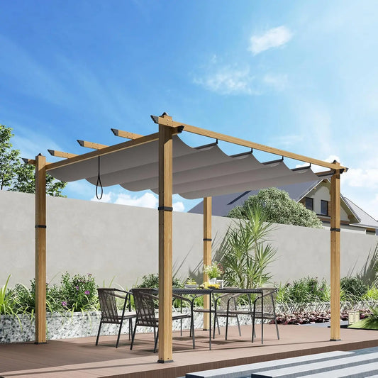 Aluminum Pergola With Retractable Canopy Wood Grain Waterproof UPF50 Patio