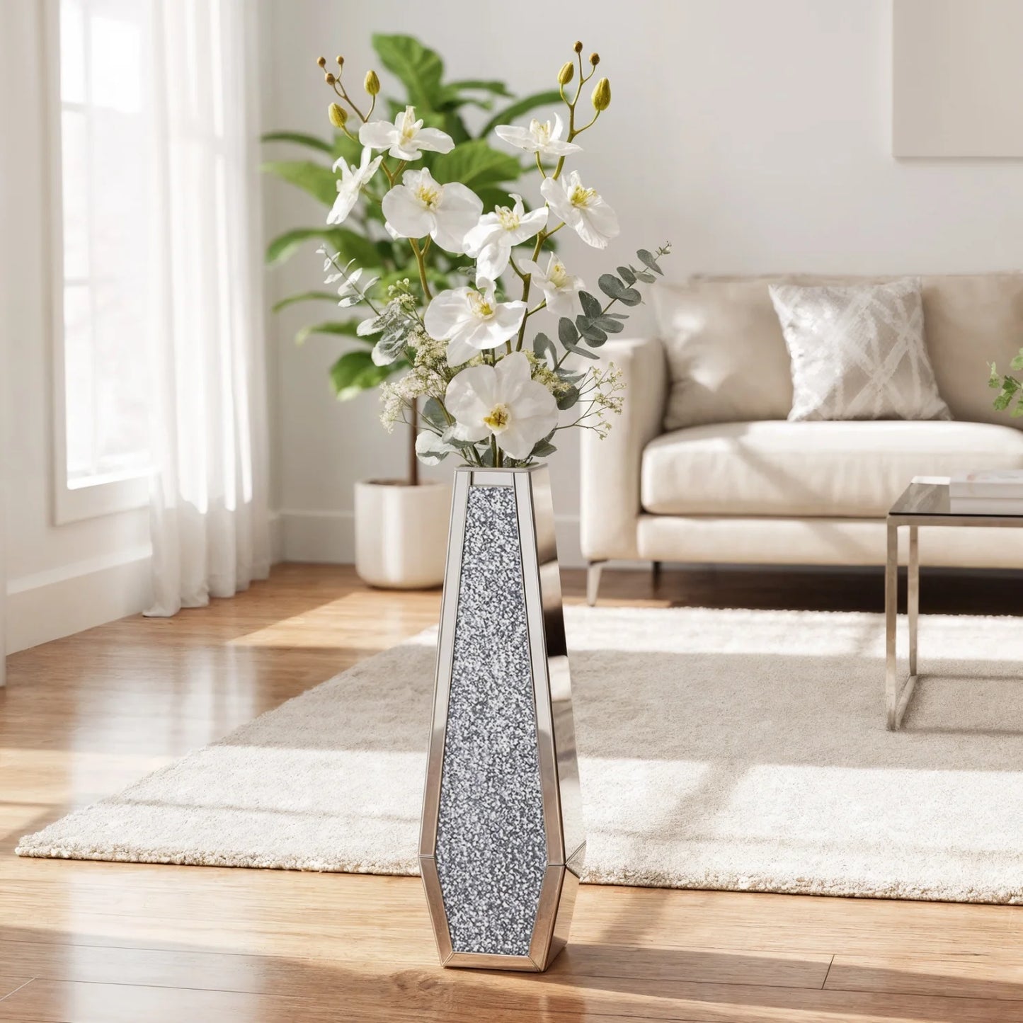 Crushed Diamond Mirrored Floor Vase Silver Glass Modern Decor