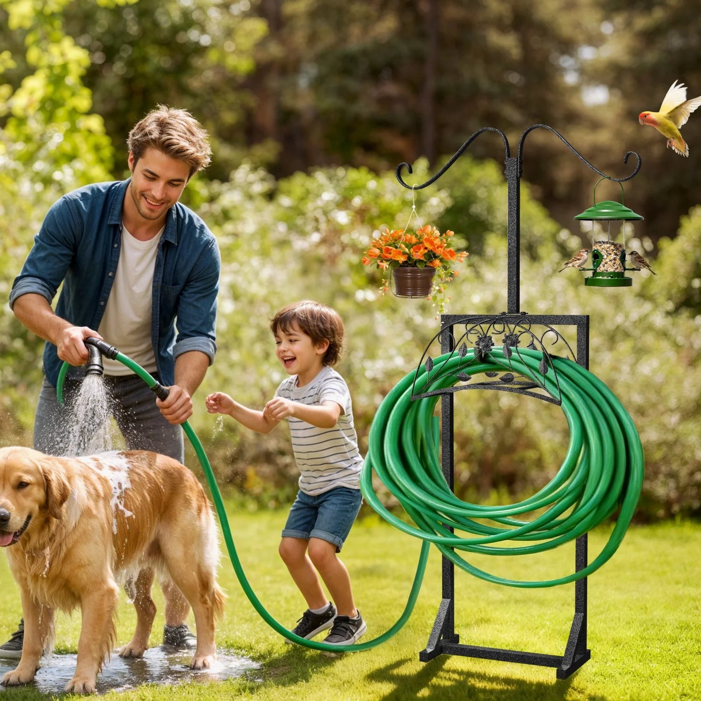 Freestanding Heavy Duty Garden Hose Holder With Spikes And Hooks
