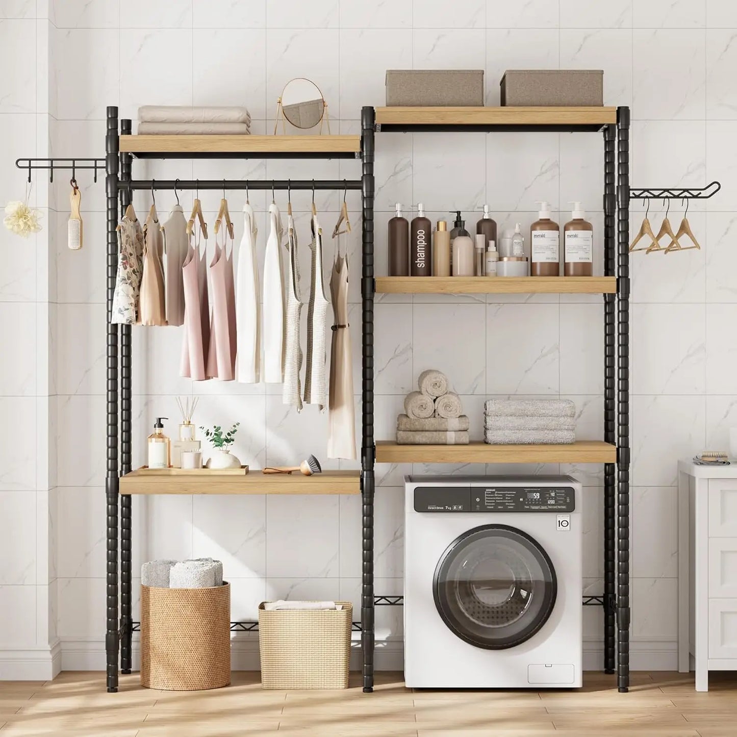 Over Washer Dryer Shelf 5 Tier Wood Laundry Organizer With Adjustable Height And Drying Rack Twisterck For Laundry Rooms