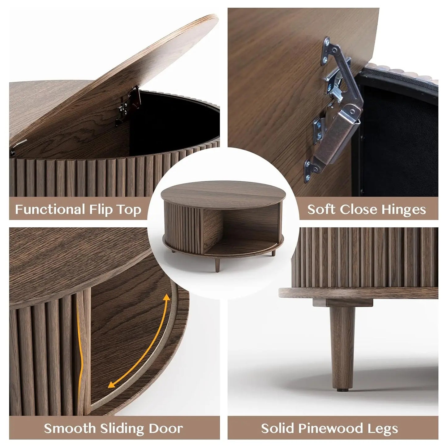 Round Coffee Table With Hidden Slidable Storage Door Modern Walnut