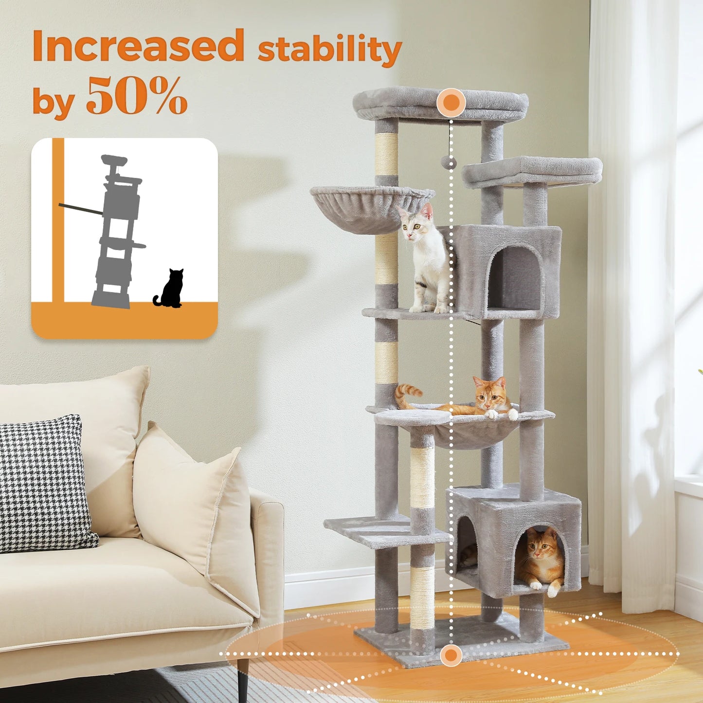 PAWZ Road Tall Cat Tree For Indoor Cats Five Tier With Super Large Hammock And Scratching Posts