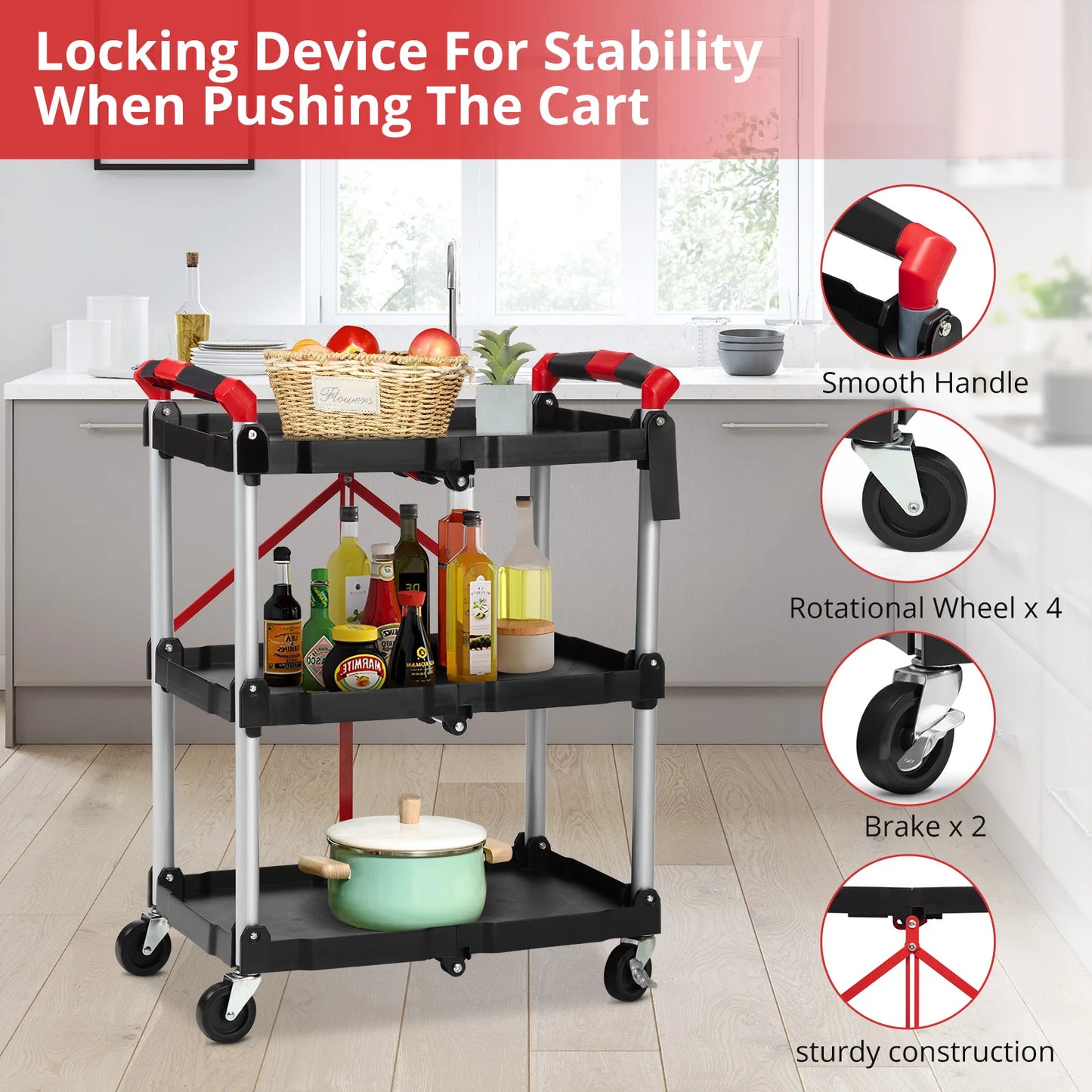 TWISTER.CK Three Tier Foldable Utility Cart With Locking Wheels