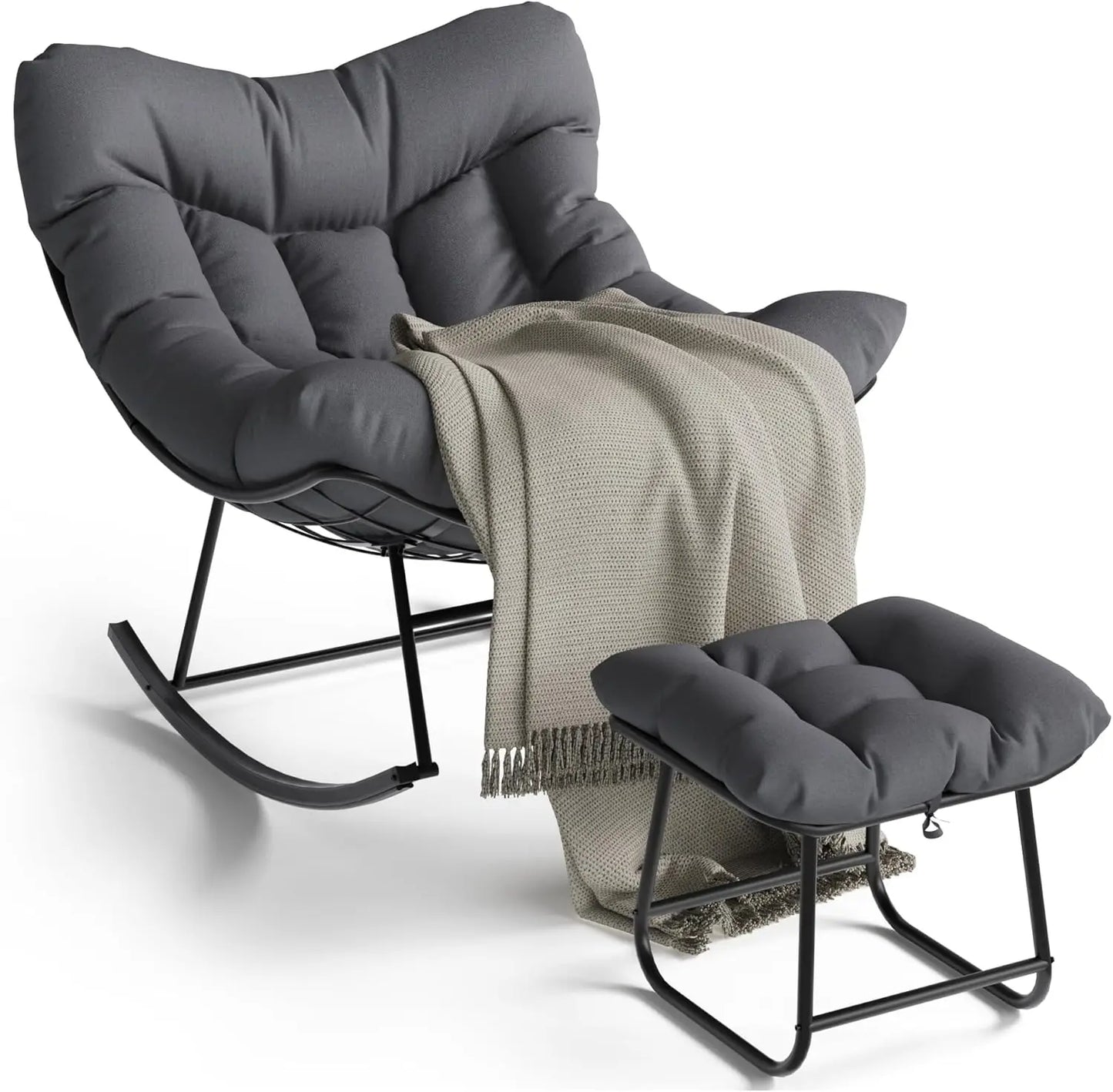 TWISTER.CK Outdoor Papasan Rocking Chair With Footrest 350 Lb Capacity Premium Balcony Patio Lounge For Adults