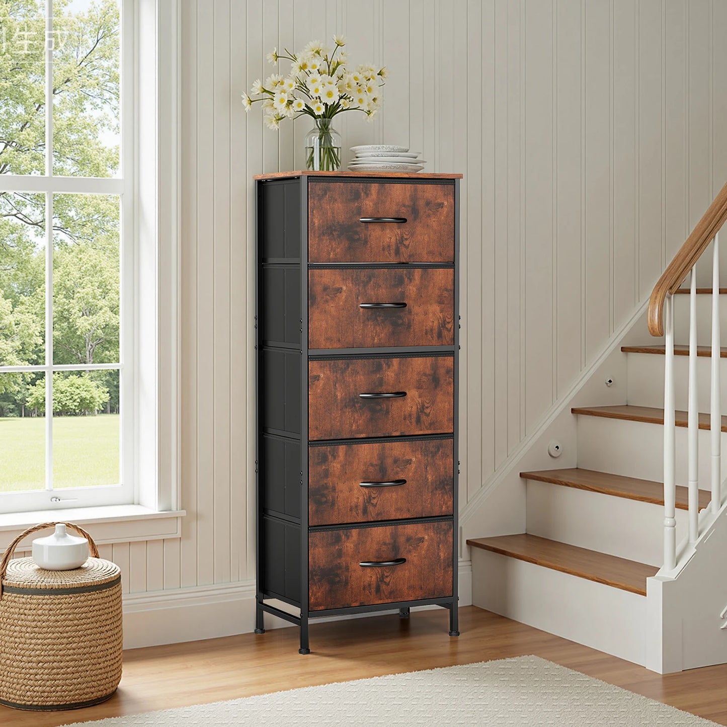 JHK Modern Dresser With 5 Fabric Drawers And Steel Frame