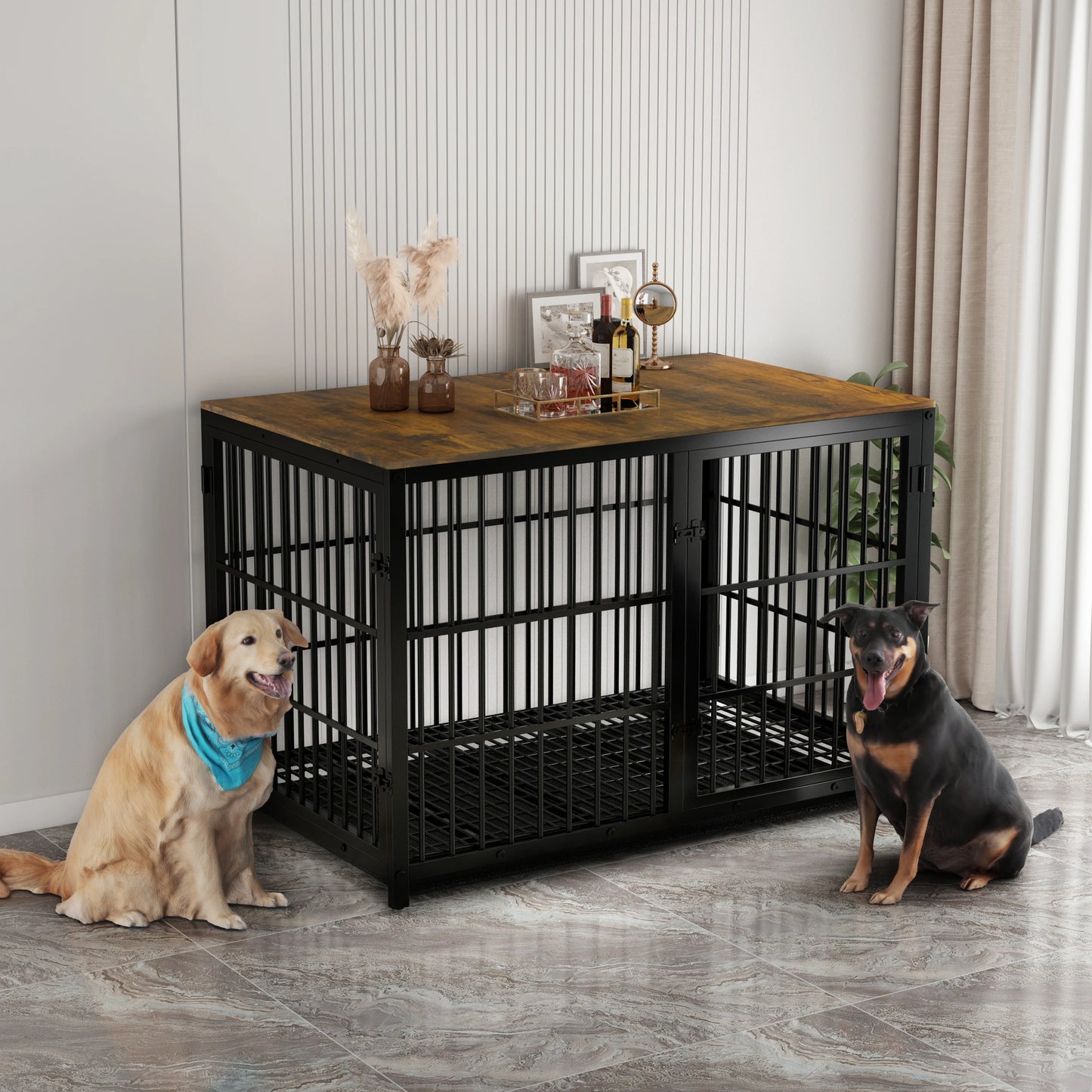 BINGOPAW Wooden Dog Crate Table With Three Doors Removable Tray