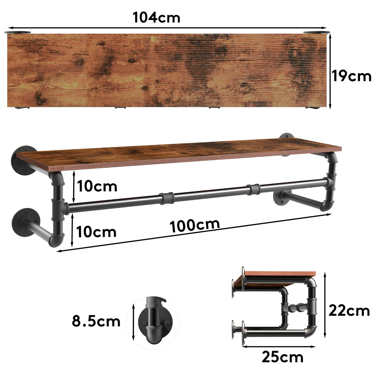 Metal Pipe Wall Mounted Clothes Rack With Wood Shelf
