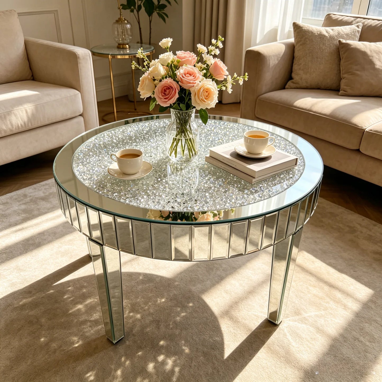 Round Mirrored End Table With Crystal Beveled Glass Edge