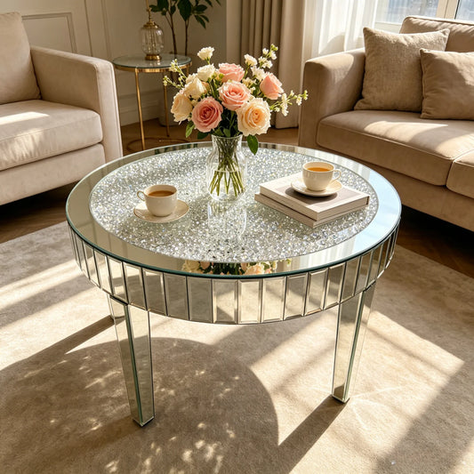 Round Mirrored End Table With Crystal Beveled Glass Edge