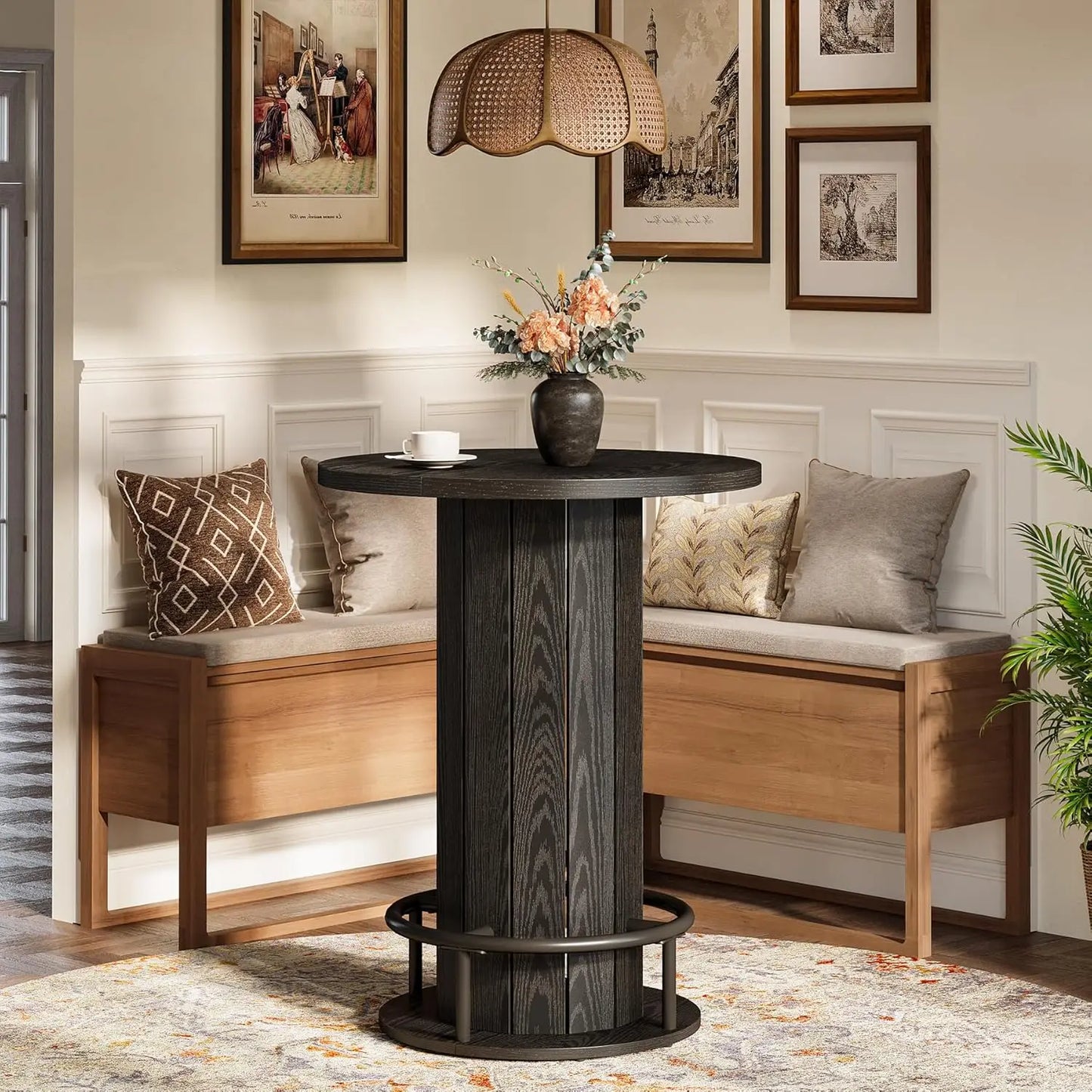 Round Dining Table Set for Two With Wood Strip Base