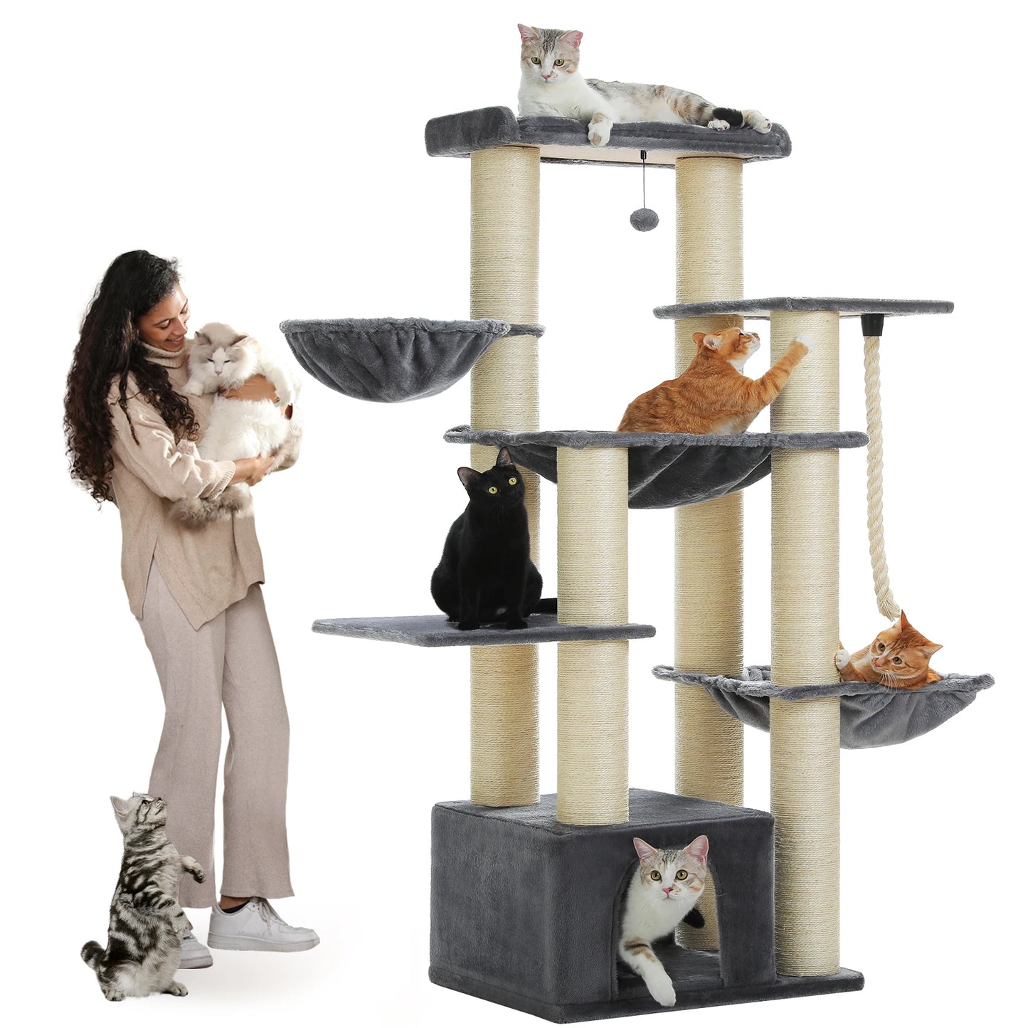 PAWZ Road Premium Large Cat Tree For Big Cats 170cm Tall Multi Level Cat House With Hammock And 11 Sisal Posts