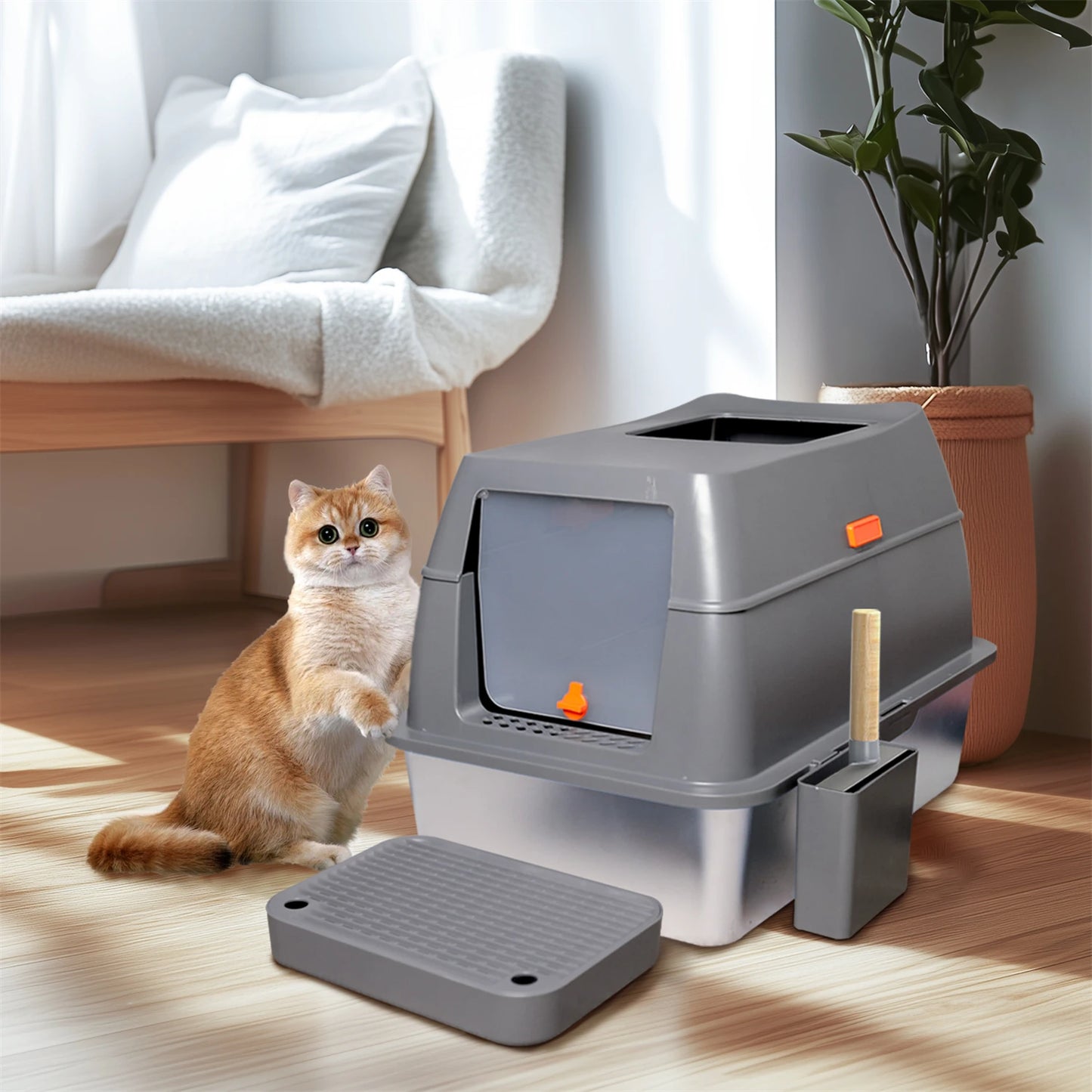 Stainless Steel Enclosed Cat Litter Box With Lid High Walls