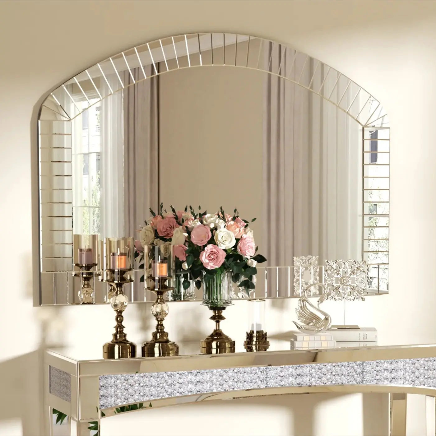 Arched Venetian Mirror With Beveled Edge For Living Room Decor