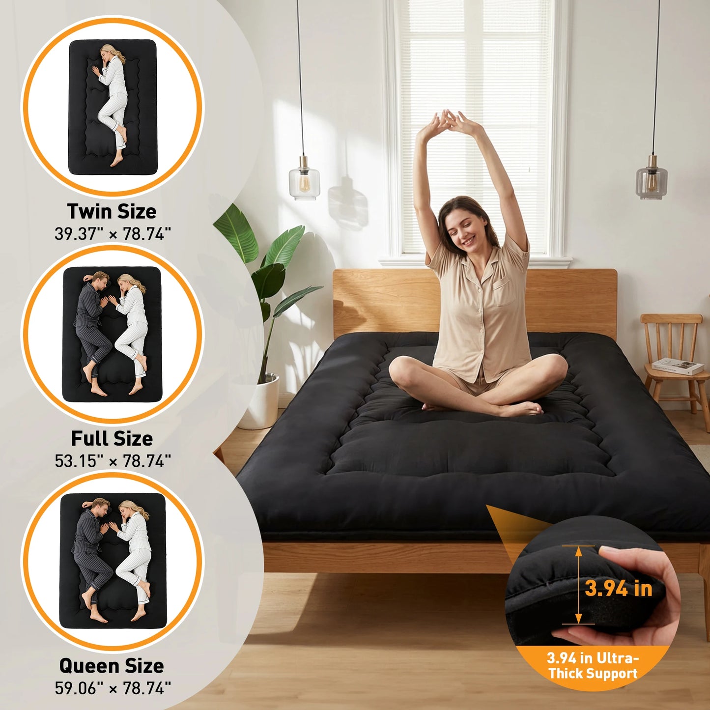 JHK Portable Floor Mattress Topper With Removable Washable Cover