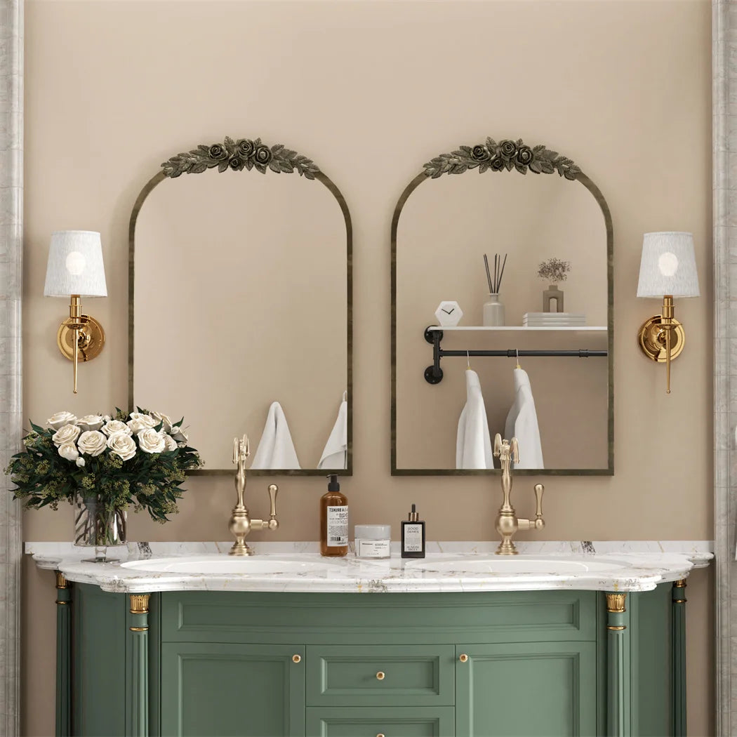 LUVODI Elegant Antique Brass Arched Wall Mirror With Resin Rose Pattern For Entryway And Living Room