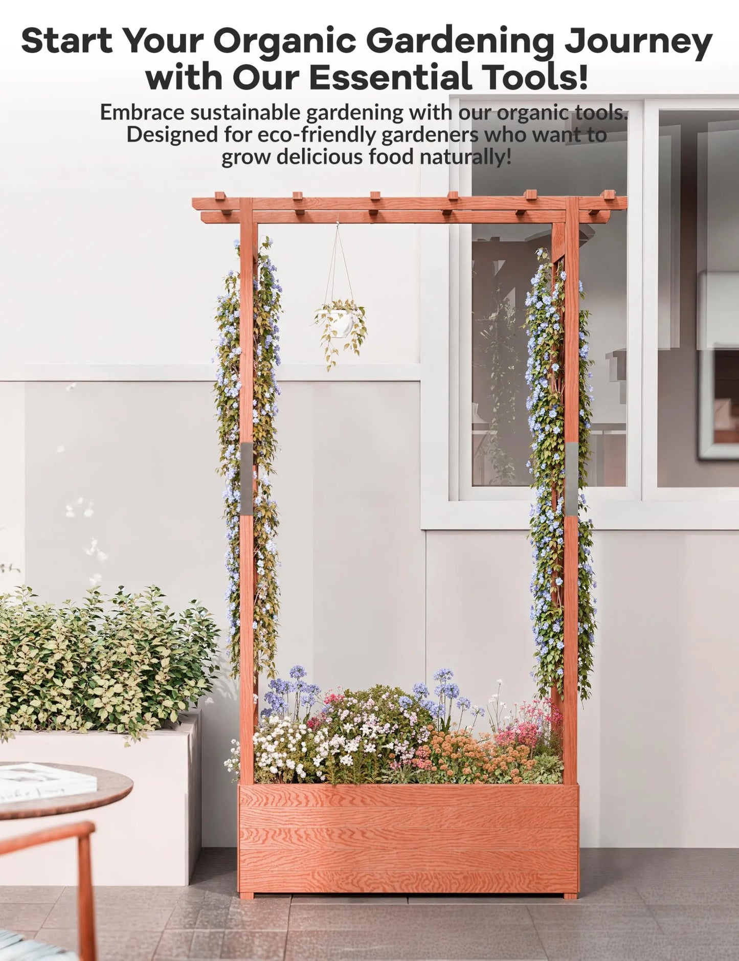 HiMISS Wooden Raised Garden Bed With Trellis Canopy Freestanding Planter For Gardeners Climbing Plants And Vines