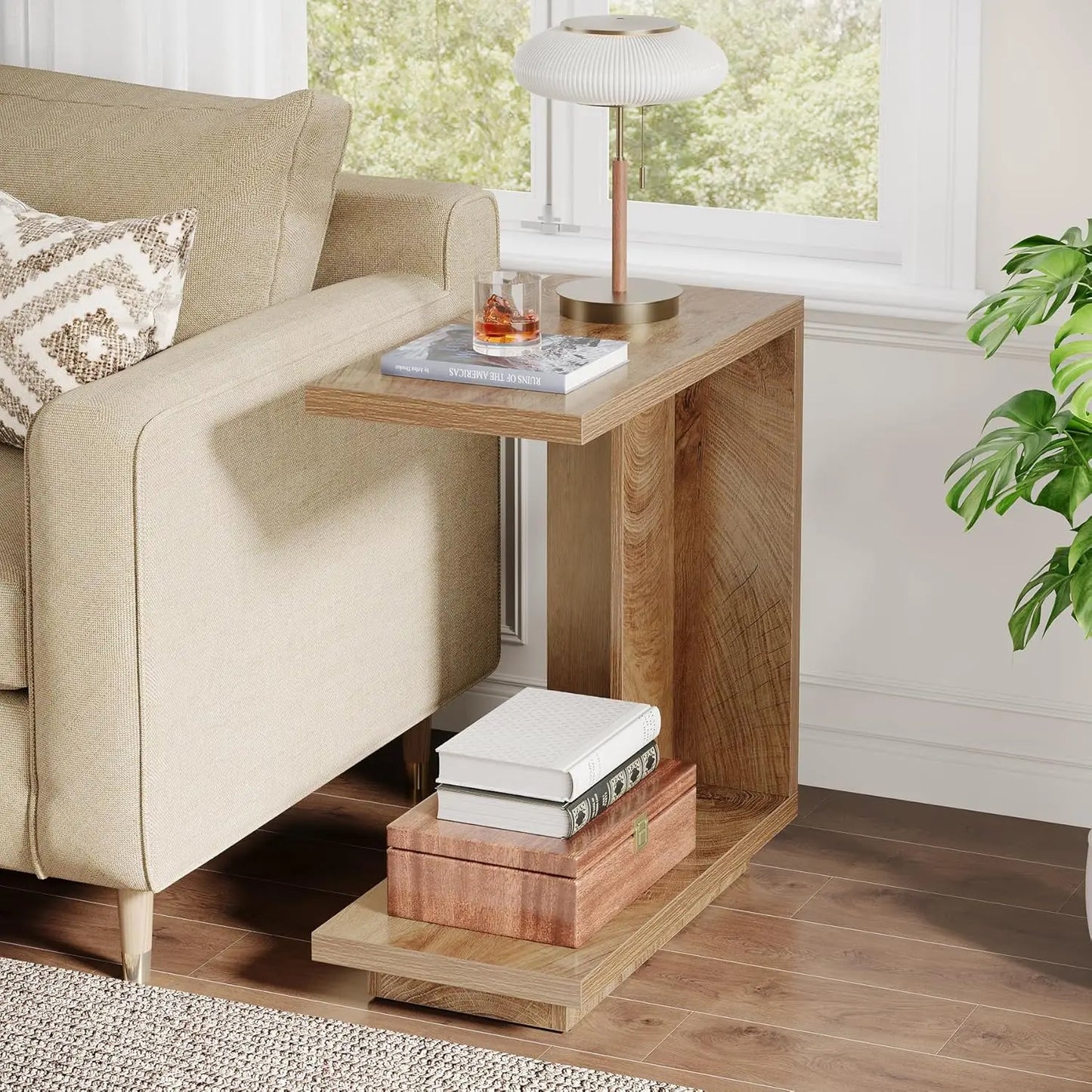 LITTLE TREE C-Shaped Side Table, 2-Tier Pedestal Industrial Sofa End Table