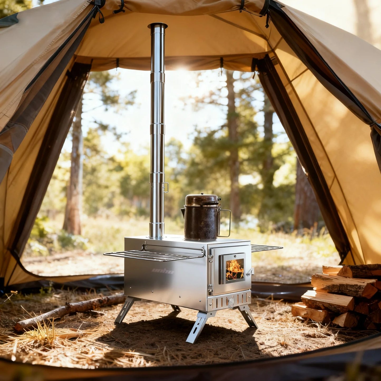 Portable Camping Wood Stove Stainless Steel With 7 Chimney Pipes