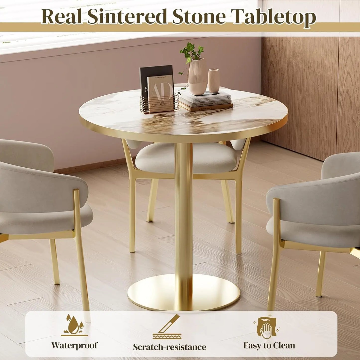 Modern Tulip Kitchen Table With Sintered Stone Top Golden Edge
