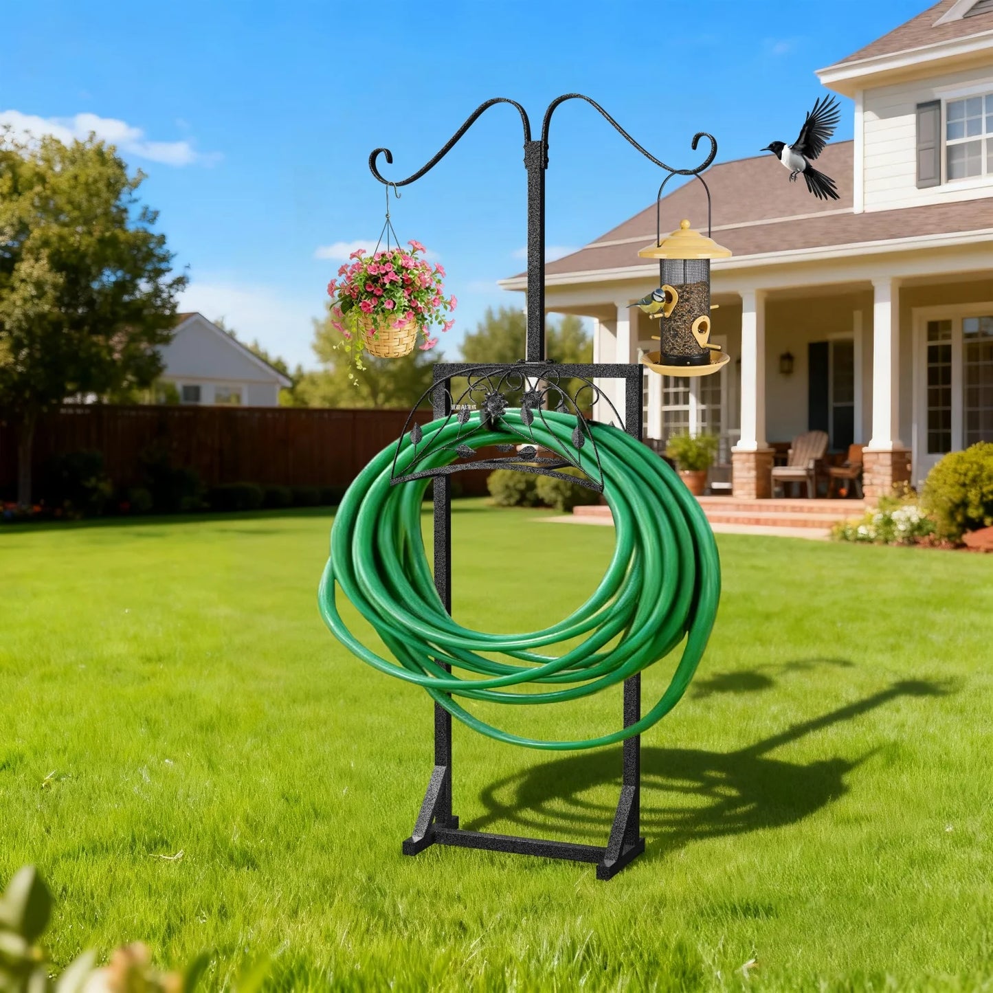 Freestanding Heavy Duty Garden Hose Holder With Spikes And Hooks