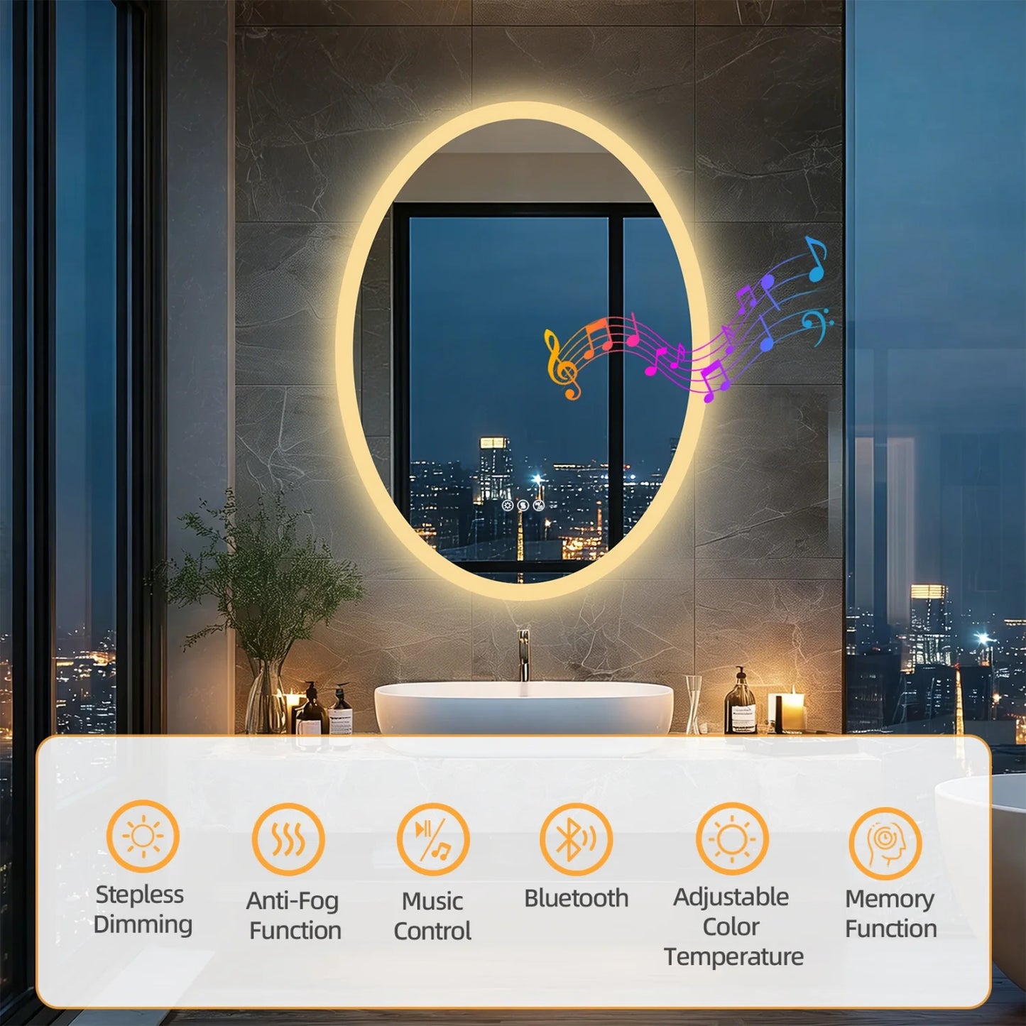 Oval Bluetooth LED Bathroom Vanity Mirror With Backlit Defog Speaker