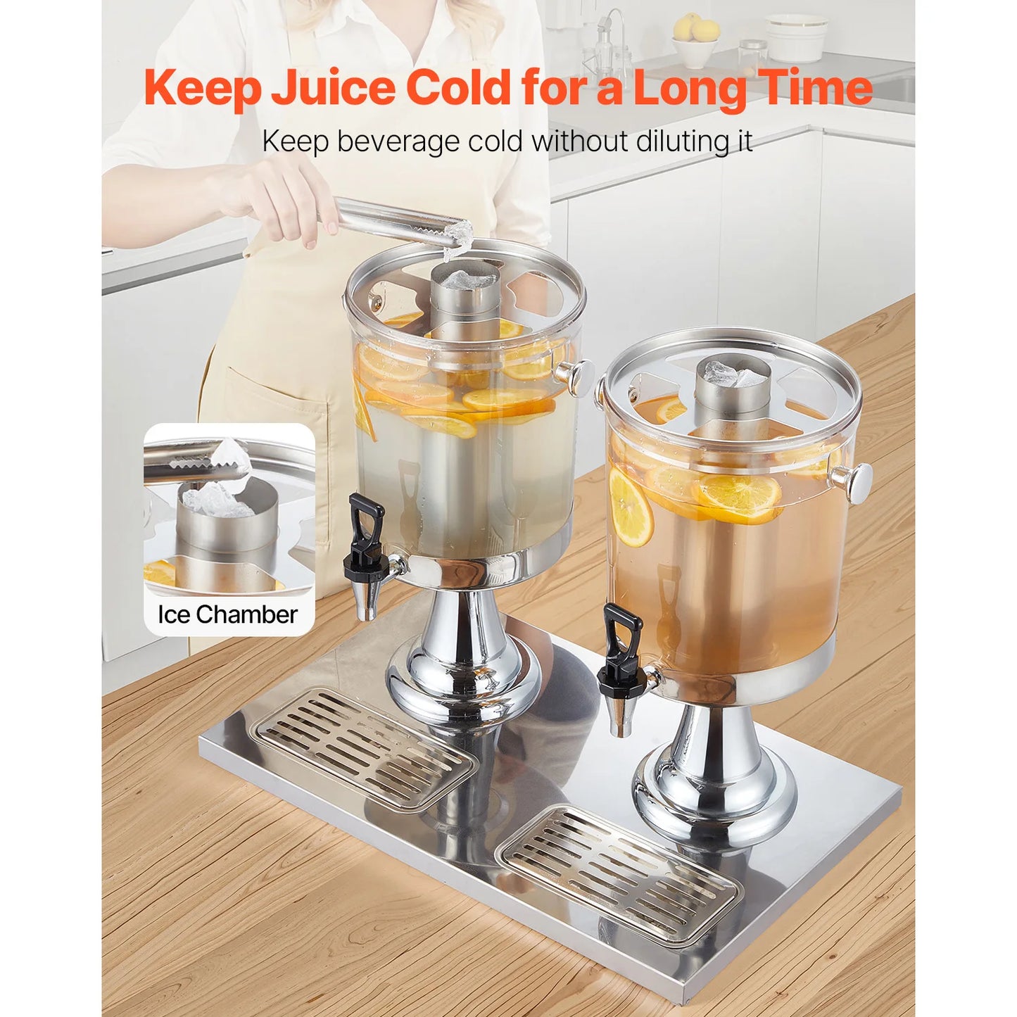 SucceBuy Dual 2.1 Gallon Beverage Dispenser Set Stainless Steel And Plastic With Spigot Chamber Tray For Restaurants