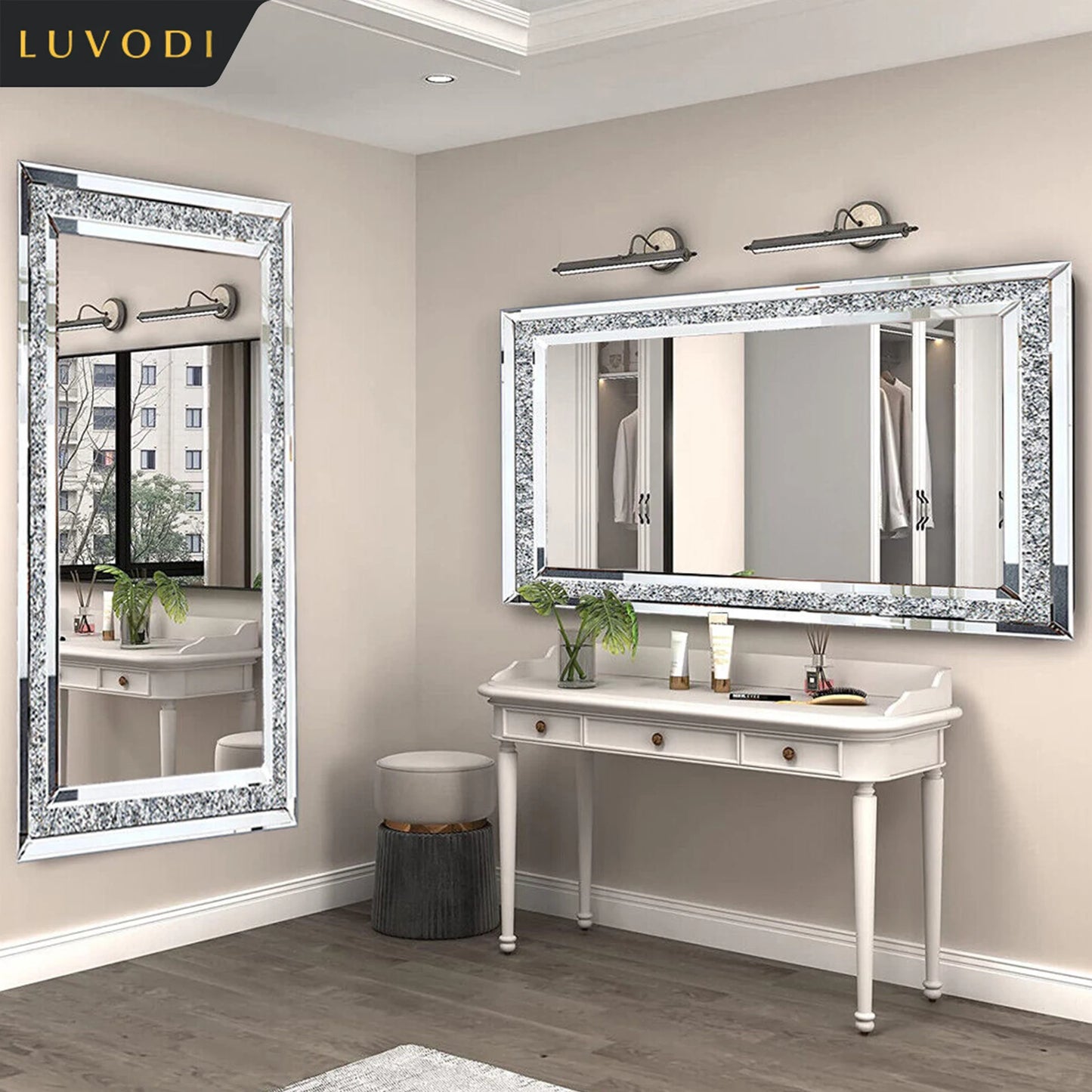 LUVODI Frameless Vanity Mirror With Sparkling Crystal Rhinestones Large Wall Mounted For Home And Hotel Decor