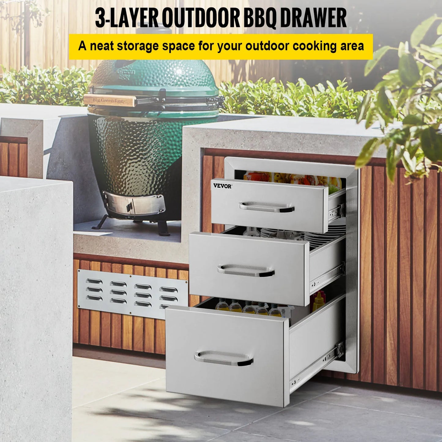 SucceBuy Stainless Steel Outdoor Kitchen Drawer With Handle Triple Layer Storage For BBQ Island
