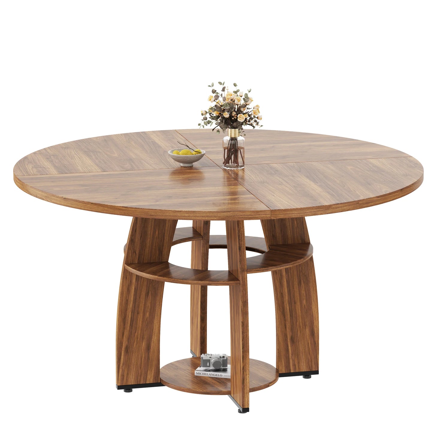 HiMISS Farmhouse Round Wood Dining Table With Storage