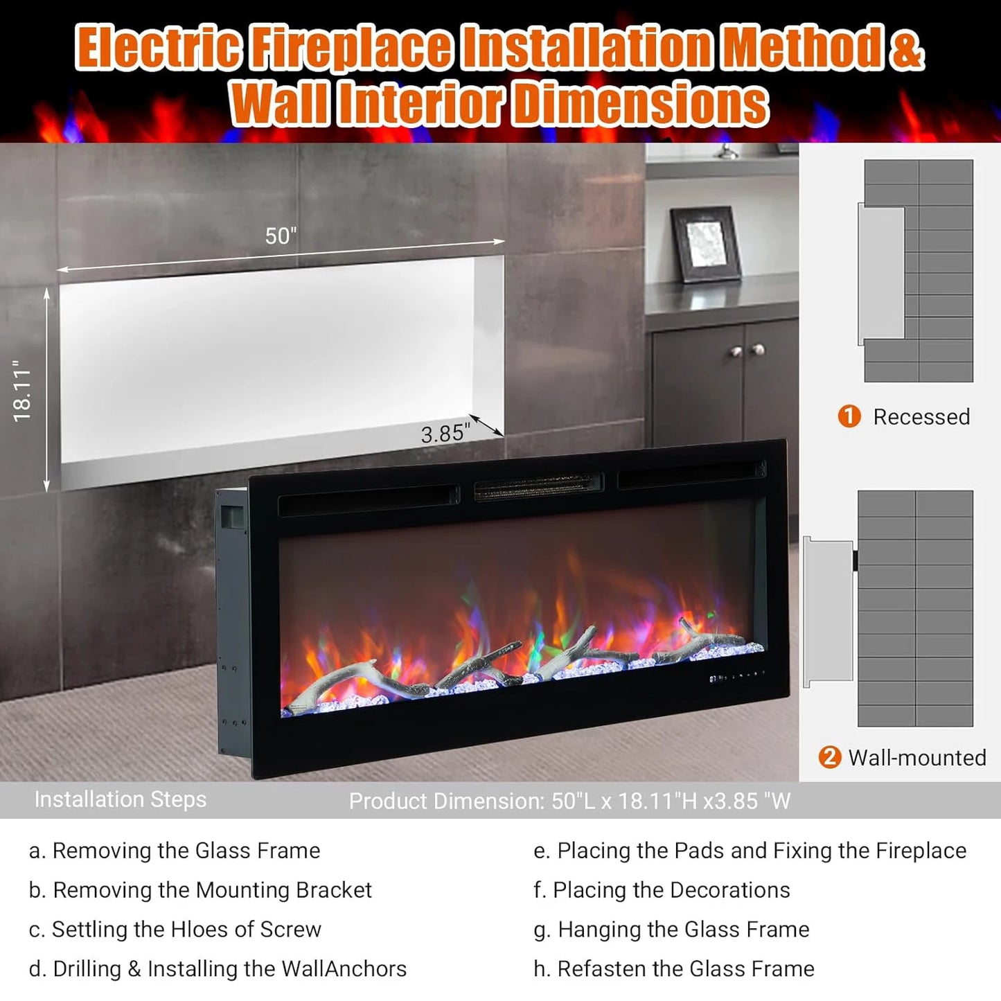 AceKool Smart Electric Fireplace Heater For Homeowners With Alexa And WiFi Remote Color Changing 750W And 1500W