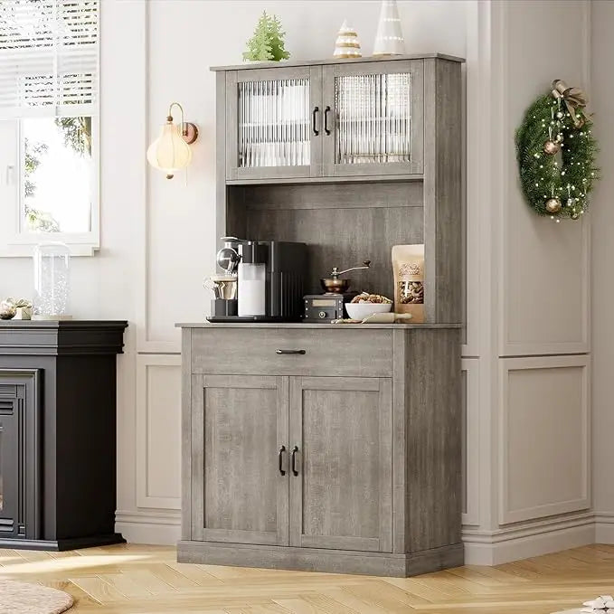 HiMISS Kitchen Pantry Cabinet With Microwave Stand And Glass Doors