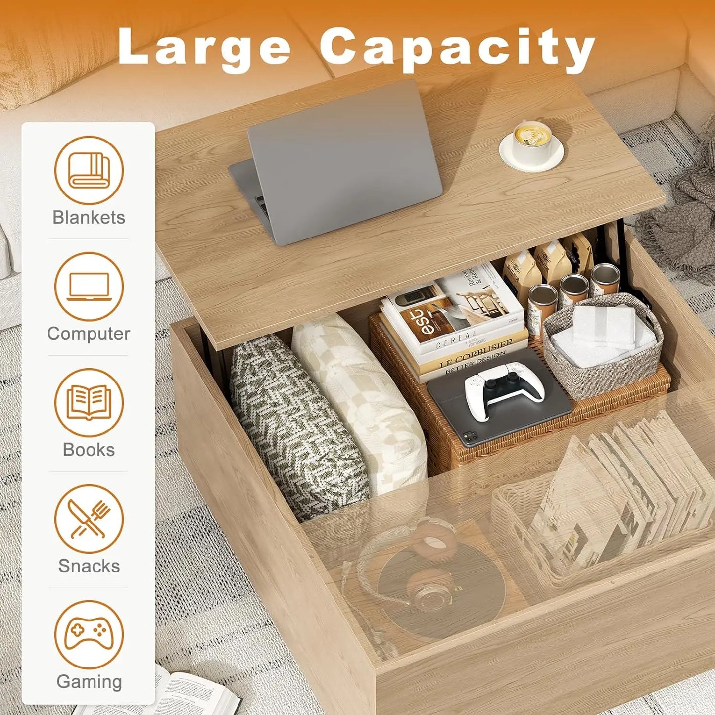 Lift Top Wood Coffee Table With Hidden Storage Solid Construction