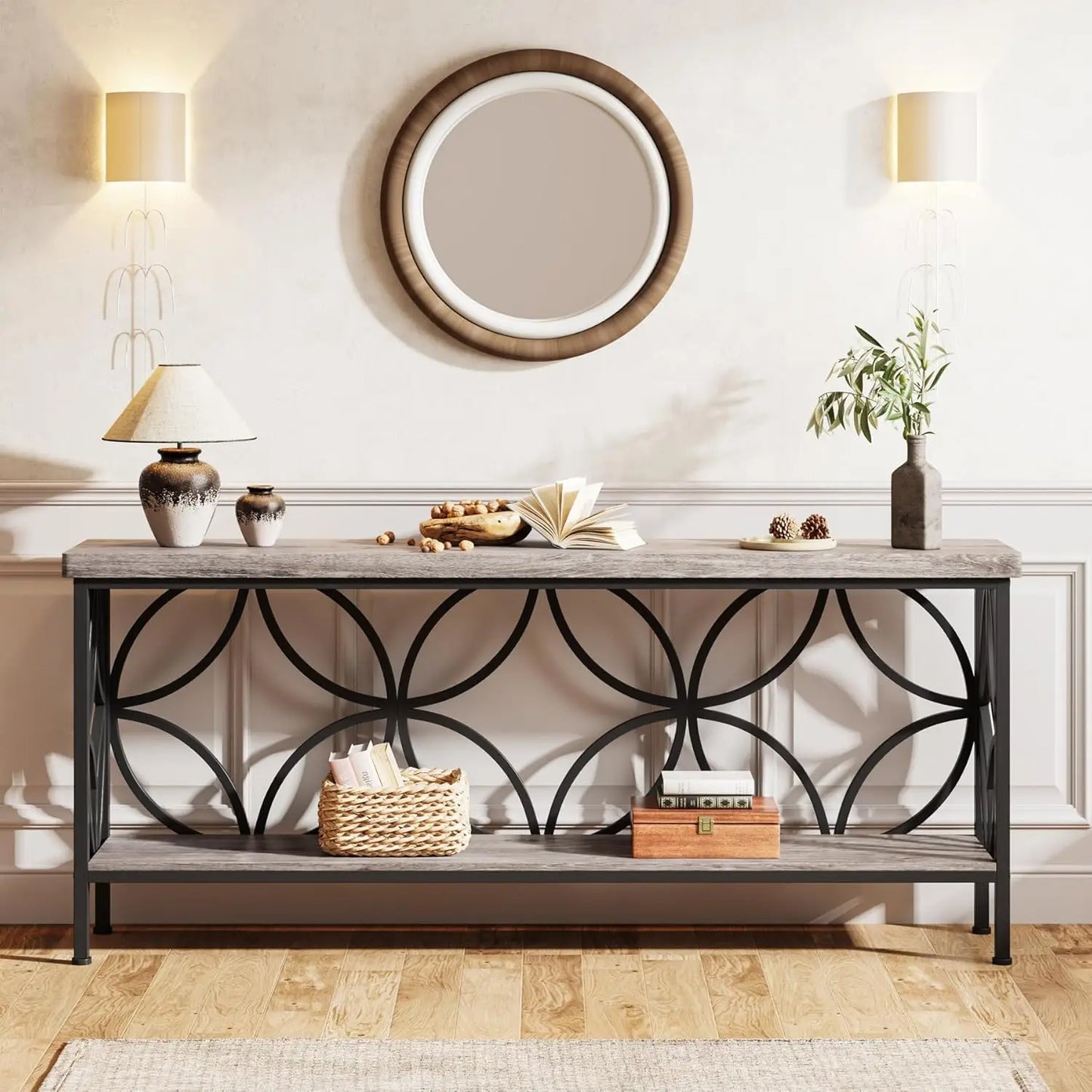 LITTLE TREE Industrial Sofa Table With Storage For Entryway