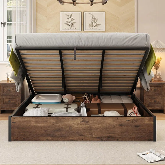 Lift Up Storage Bed Frame With Solid Wood Slats Platform