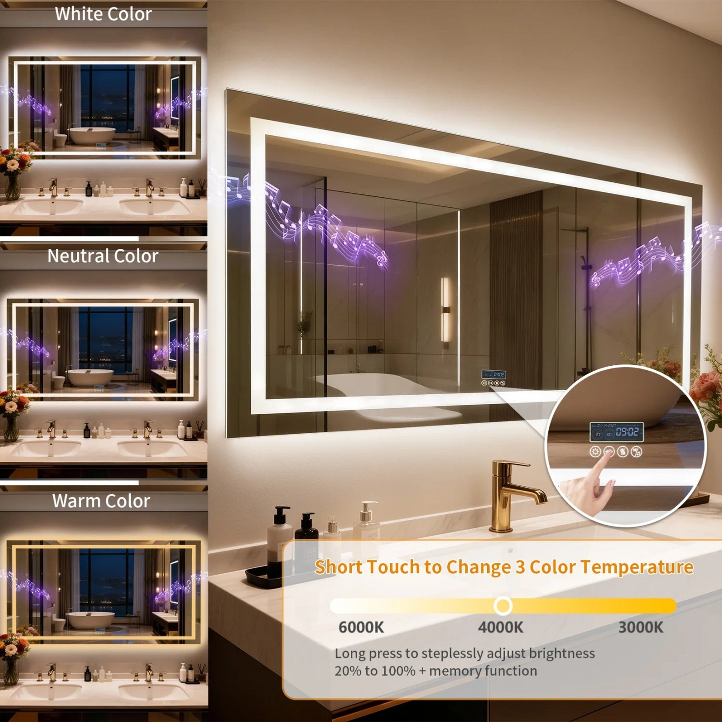 Bluetooth LED Bathroom Mirror With Dual Speaker Digital Display Antifog