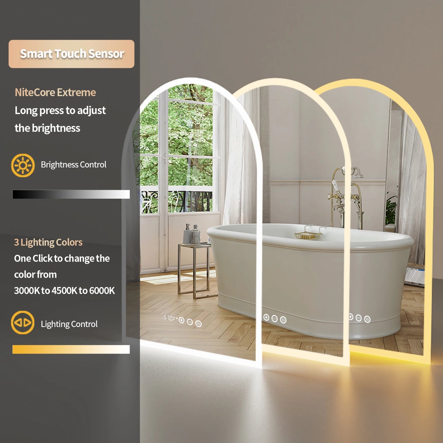 Arch Shape LED Bathroom Mirror Backlit Frameless Antifog Temperature Display